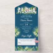 アロハフラミンゴベビーシャワーおむつラッフルブルー オールインワン招待状 (内側)