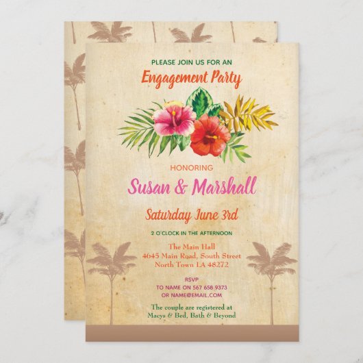 アロハフローラ婚約招待状ヴィンテージルアウ（ハワイ式宴会） 招待状 (正面/裏面)