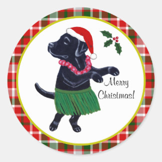 アロハブラックラブラドールクリスマスサンタハットタータンチェック ラウンドシール