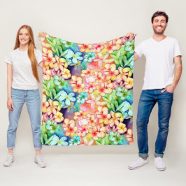 アロハプルメリア花水彩 フリースブランケット