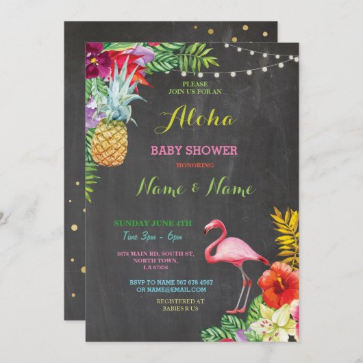 アロハベビーシャワーのフラミンゴの女の子の男の子の明るい招待 招待状 (正面/裏面)