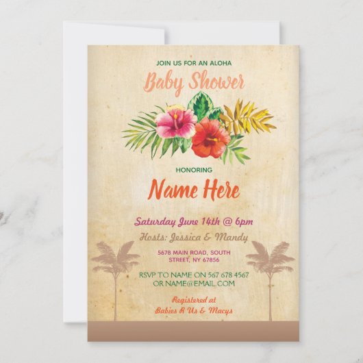 アロハベビーシャワーのルアウ（ハワイ式宴会）の熱帯ヴィンテージの招待 招待状 (正面)