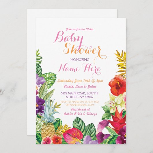 アロハベビーシャワーの熱帯ルアウ(ハワイ式宴会)のピンクの招待 招待状 (正面/裏面)