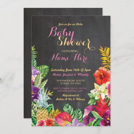 アロハベビーシャワーの熱帯ルアウ(ハワイ式宴会)の女の子のピンクの招待 招待状 (正面/裏面)