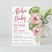 アロハベビーシャワー熱帯フローラ水彩ピンク 招待状 (スタンド正面)