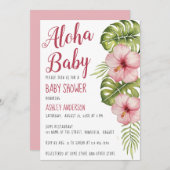 アロハベビーシャワー熱帯フローラ水彩ピンク 招待状 (正面/裏面)