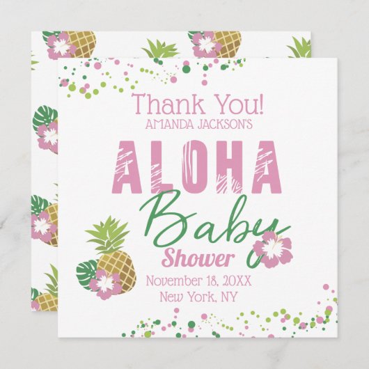 アロハベビーピンクグリーン熱帯パイナップルありがとう サンキューカード (正面/裏面)