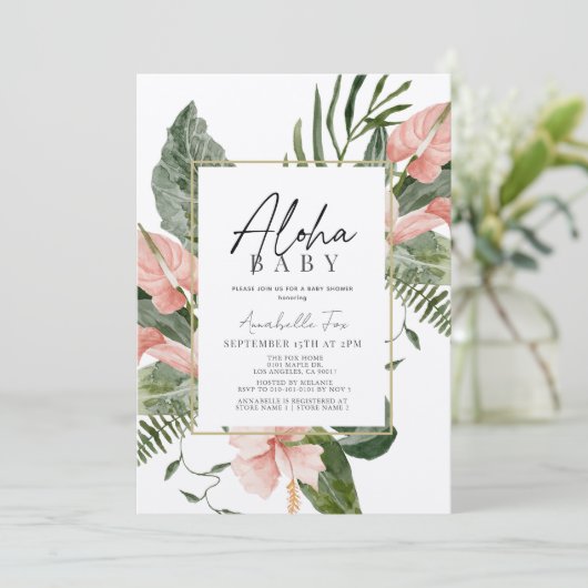 アロハベビーピンク熱帯花の赤ちゃんシャワー 招待状 (スタンド正面)