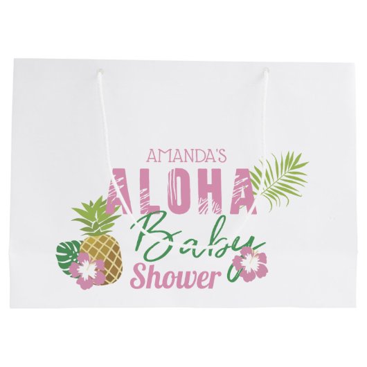 アロハベビーピンク&グリーントロピカルガールベビーシャワー ラージペーパーバッグ (裏面)