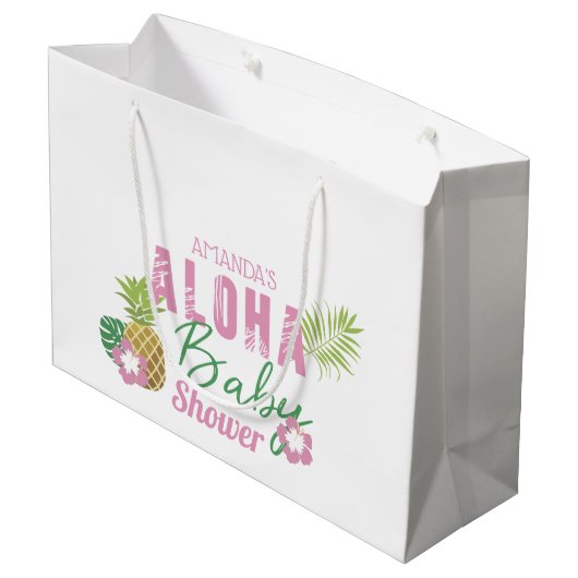 アロハベビーピンク&グリーントロピカルガールベビーシャワー ラージペーパーバッグ (裏面アングル)