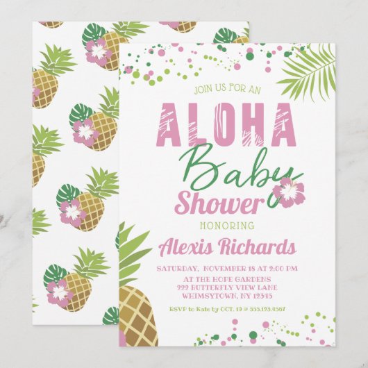 アロハベビーピンク&グリーントロピカルガールベビーシャワー 招待状 (正面/裏面)