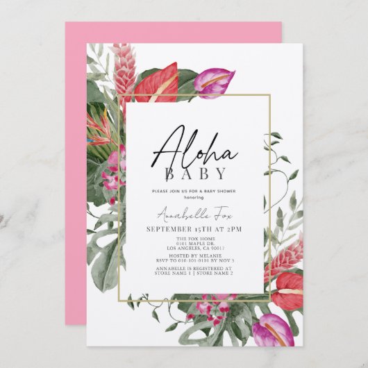 アロハベビーピンク&赤トロピカルフローラルベビーシャワー 招待状 (正面/裏面)