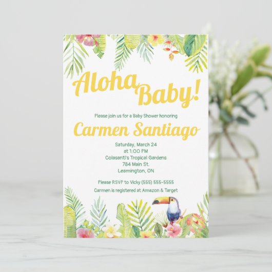 アロハベビー!トロピカルでトゥーカンをテーマにした赤ちゃんシャワー 招待状 (スタンド正面)