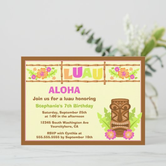 アロハルアウ(ハワイ式宴会)のハイビスカスのかわいい誕生日のパーティの招待状 招待状 (スタンド正面)