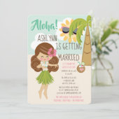 アロハルアウ（ハワイ式宴会）のブライダルシャワーの黒い髪の暗い肌の色合い 招待状 (スタンド正面)