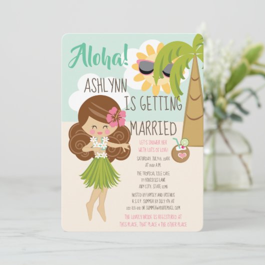 アロハルアウ(ハワイ式宴会)のブライダルシャワーの黒い髪の暗い肌の色合い 招待状 (スタンド正面)