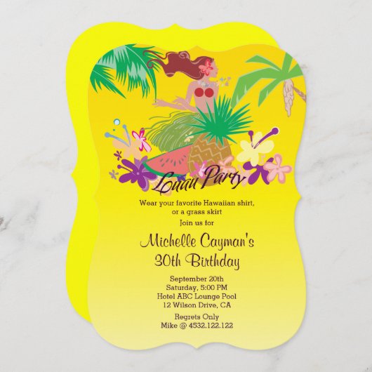 アロハルアウ（ハワイ式宴会）の誕生会 招待状 (正面/裏面)