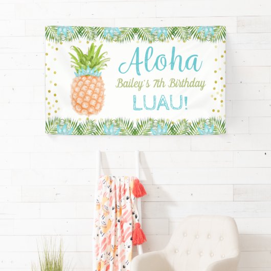 アロハルアウ（ハワイ式宴会）トロピカルパイナップルー金ゴールド誕生日 横断幕 (インサイチュ)