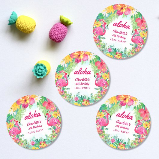 アロハルアウ(ハワイ式宴会)トロピカルピンクフラミンゴバースデーパーティー ラウンドシール