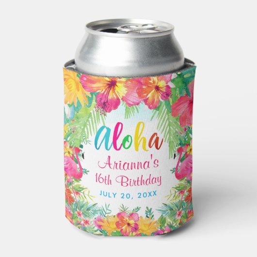 アロハルアウ(ハワイ式宴会)トロピカルフラミンゴ誕生日 缶クーラー (缶正面)