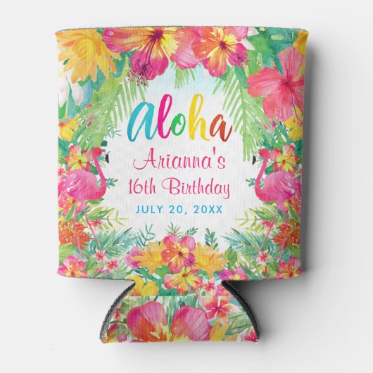 アロハルアウ(ハワイ式宴会)トロピカルフラミンゴ誕生日 缶クーラー (正面)