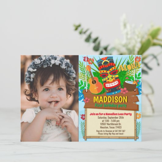 アロハルアウ（ハワイ式宴会）ハワイアン熱帯夏誕生日写真 招待状 (スタンド正面)