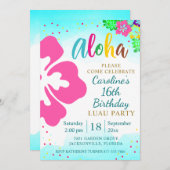 アロハルアウ(ハワイ式宴会)パーティートロピカルハイビスカス誕生日 招待状 (正面/裏面)