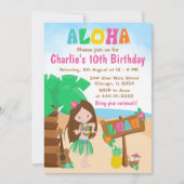 アロハルアウ(ハワイ式宴会)ビーチ誕生日ブラウンヘアガールインビタティ 招待状 (正面)
