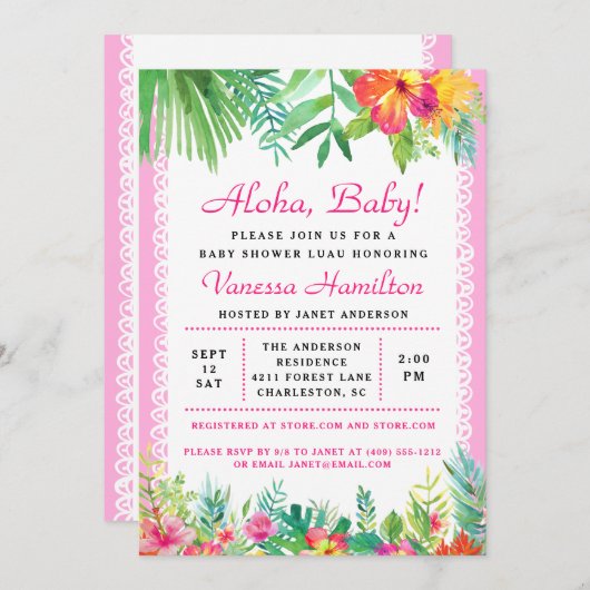 アロハルアウ（ハワイ式宴会）ベビーシャワートロピカル招待状ピンク 招待状 (正面/裏面)
