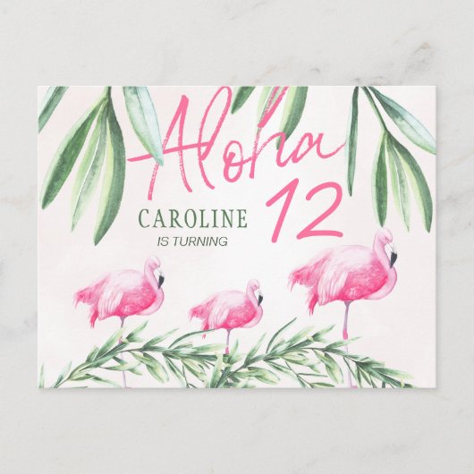 アロハルアウ(ハワイ式宴会)レッツフラミングルトロピカルバースデーパーティー インビテーションポストカード (正面)
