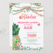 アロハルアウ(ハワイ式宴会)任意誕生日熱帯フローラパイナップル 招待状 (正面/裏面)