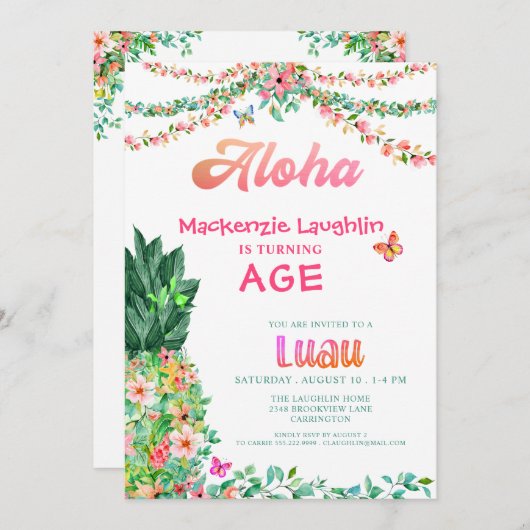 アロハルアウ（ハワイ式宴会）任意誕生日熱帯フローラパイナップル 招待状 (正面/裏面)