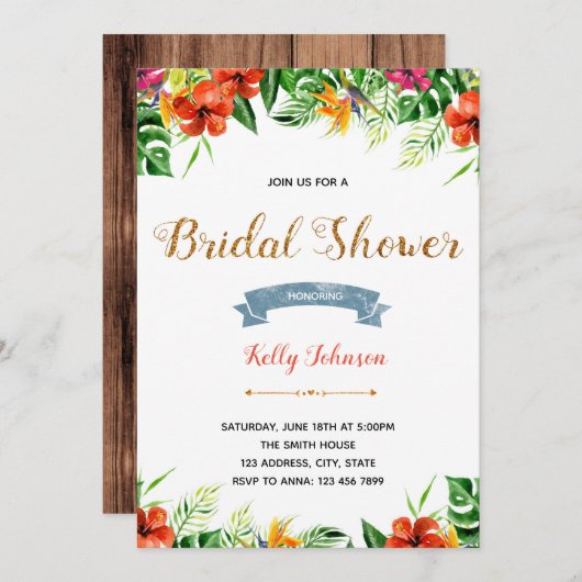 アロハルアウ（ハワイ式宴会）熱帯夏ブライダルシャワーパーティー 招待状 (正面/裏面)