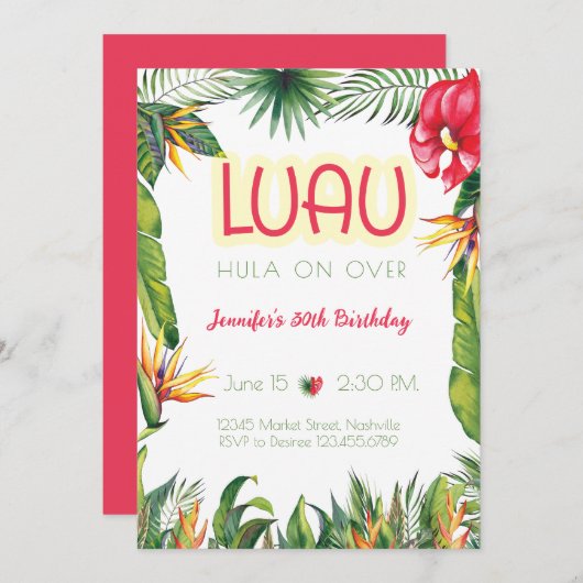 アロハルアウ（ハワイ式宴会）誕生日熱帯フローラパーティー 招待状 (正面/裏面)