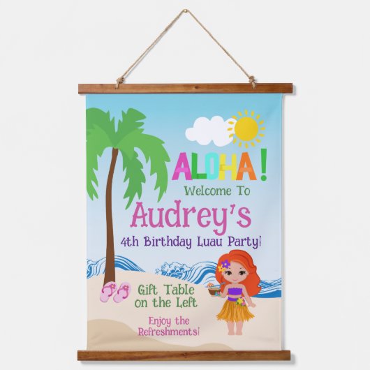 アロハルアウ(ハワイ式宴会)誕生日 吊り下げ型タペストリー (正面)