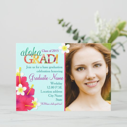 アロハ卒業生の卒業のルアウ(ハワイ式宴会)の花柄のパーティの招待状 招待状 (スタンド正面)