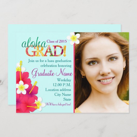アロハ卒業生の卒業のルアウ（ハワイ式宴会）の花柄のパーティの招待状 招待状 (正面/裏面)