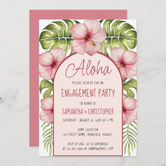 アロハ婚約熱帯フローラピンクハイビスカス 招待状 (正面/裏面)