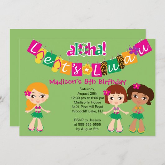 アロハ少しルアウ（ハワイ式宴会）のパーティーの誕生日の招待状 招待状 (正面/裏面)