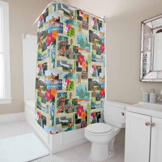 アロハ楽園のハワイのヴィンテージの郵便はがき シャワーカーテン (インサイチュ)