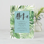 アロハ熱帯のヤシの葉とスクリプトティール(緑がかった色)誕生日 セーブザデート (スタンド正面)