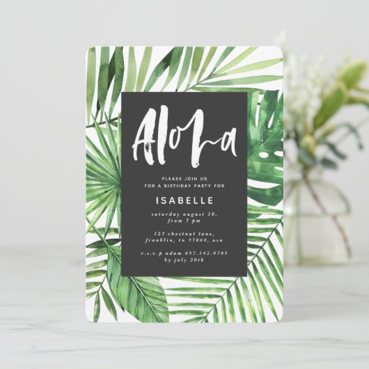 アロハ熱帯のヤシの葉とスクリプトパーティの招待状 セーブザデート (スタンド正面)