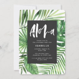 アロハ熱帯のヤシの葉とスクリプトパーティの招待状 セーブザデート