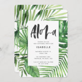 アロハ熱帯のヤシの葉とスクリプトパーティの招待状 セーブザデート (正面/裏面)