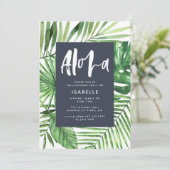 アロハ熱帯のヤシの葉とスクリプトブルーの誕生日 セーブザデート (スタンド正面)