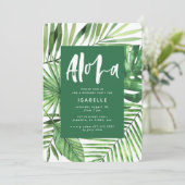 アロハ熱帯パームリーフ&スクリプト誕生日招待状 セーブザデート (スタンド正面)