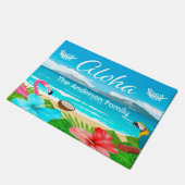 アロハ熱帯ビーチフラミンゴ花模様の苗字 ドアマット (アングル)