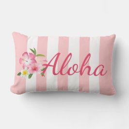アロハ熱帯ピンクのハイビスカスの花とストライプ アウトドアクッション