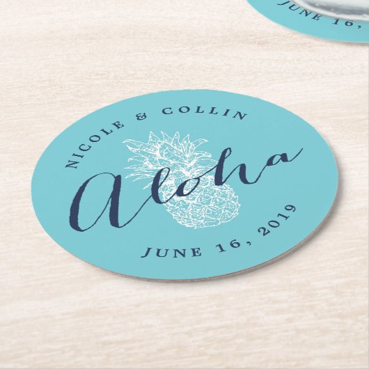 アロハ熱帯水色パイナップル ラウンドペーパーコースター (アングル)