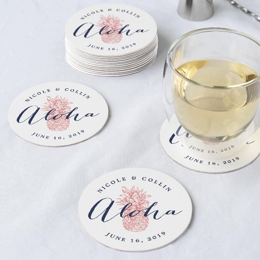 アロハ熱帯水色パイナップル ラウンドペーパーコースター